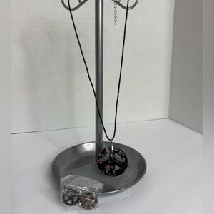 Black Peace Sign Pendant Necklace and Earrings Glass New